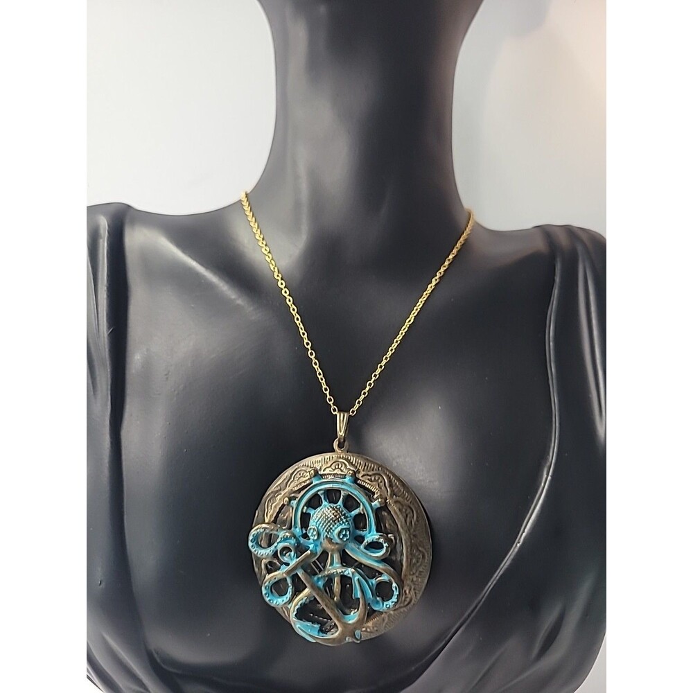 Vintage Octopus Pendant Locket Necklace Turquoise Brass Steampunk Nautical
